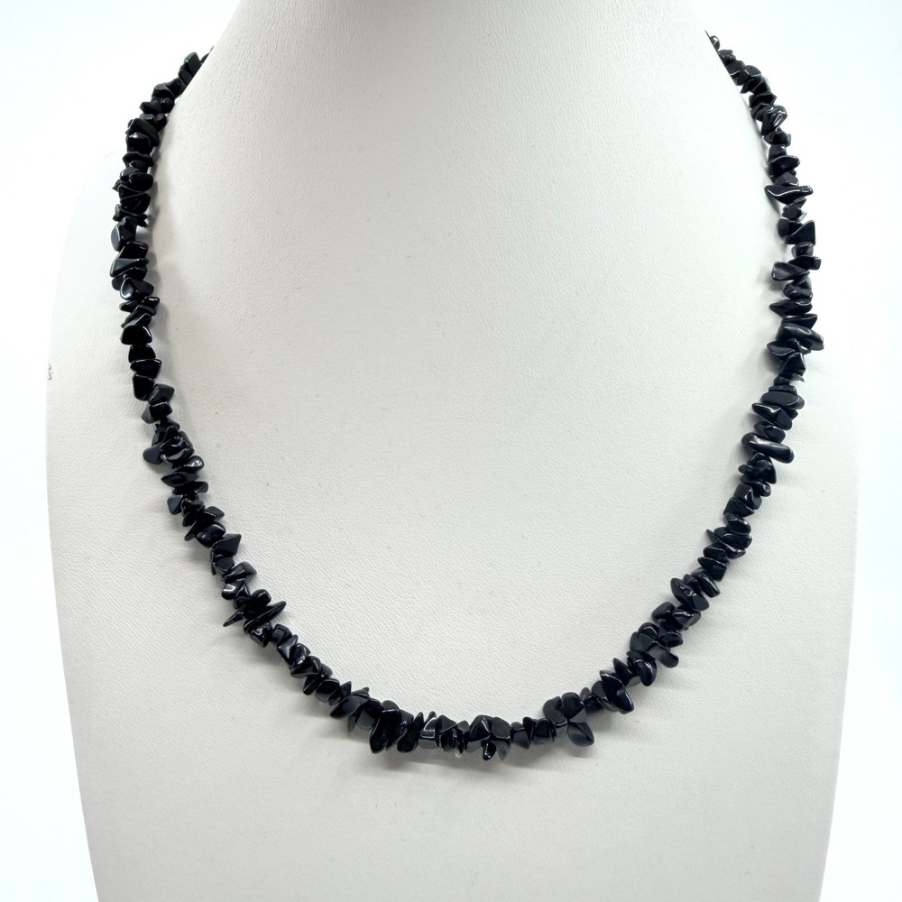 Vintage Black Onyx Chip Bead Necklace Minimalist Stacker Jewelry Gift for Her